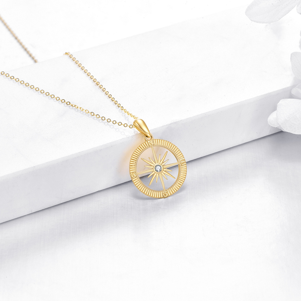 10K Gold Cubic Zirconia Diamond Cut Compass & Sun Pendant Necklace-3