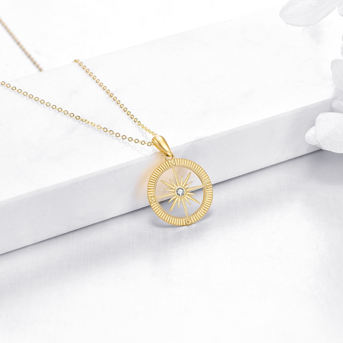 Collier boussole et soleil en or 14K avec zircon cubique taillé en diamant-3