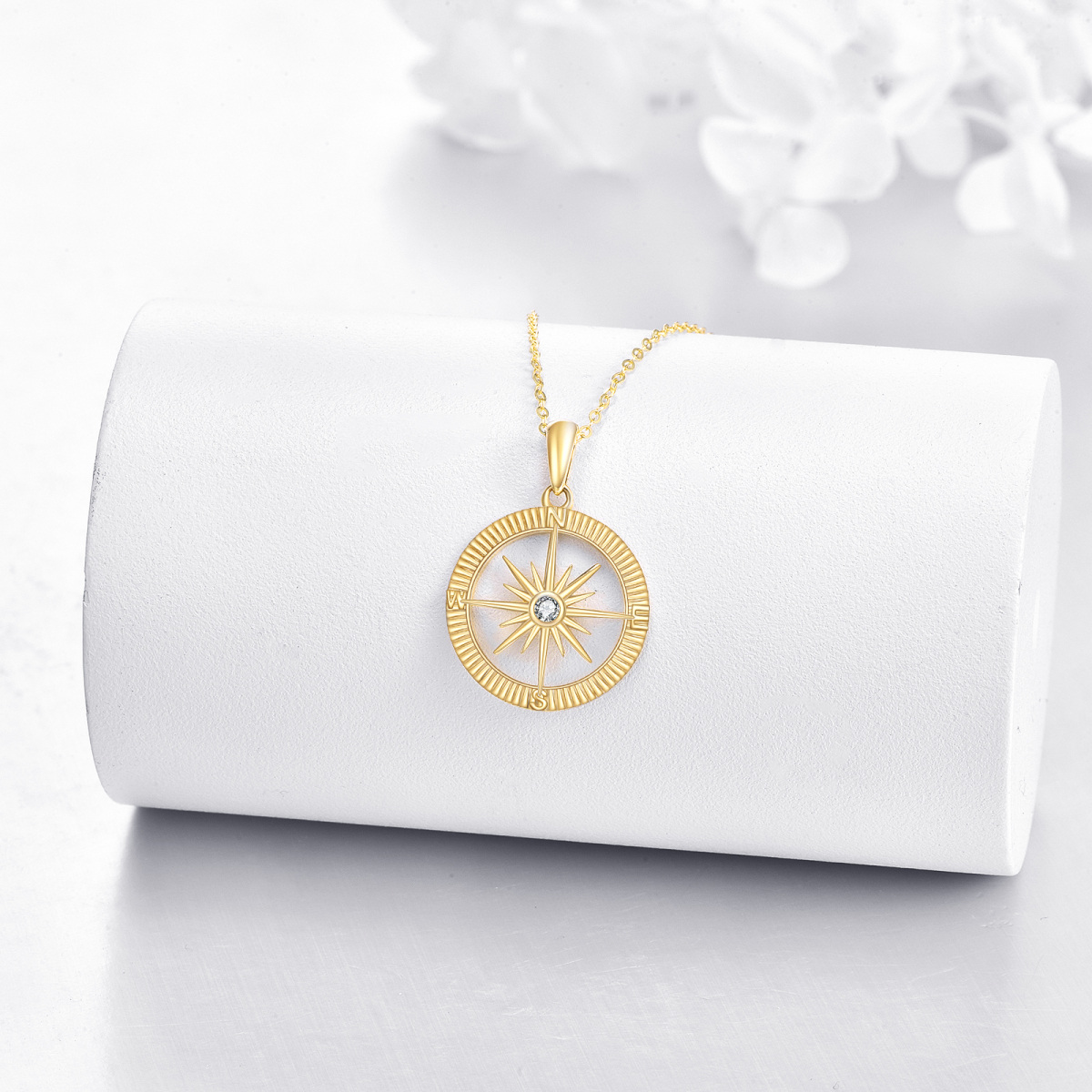 14K Gold Cubic Zirconia Diamond Cut Compass & Sun Pendant Necklace-4