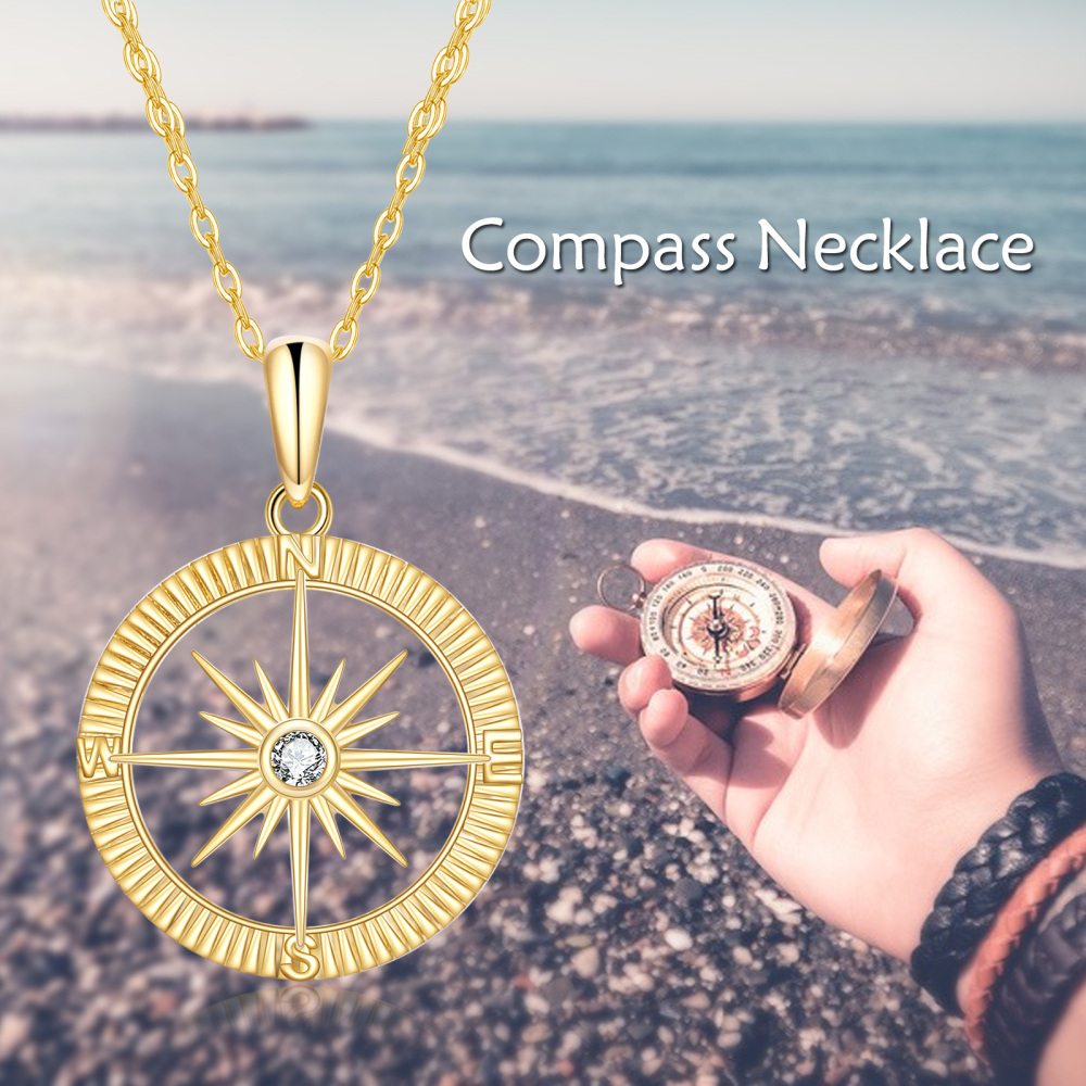 10K Gold Cubic Zirconia Diamond Cut Compass & Sun Pendant Necklace-5