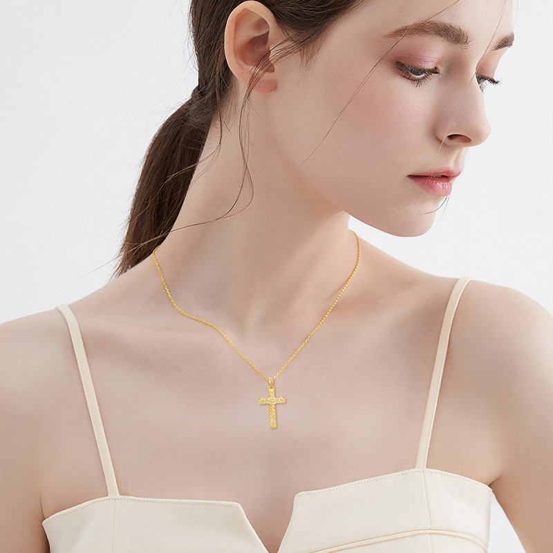 18K Gold Diamond Cut Cross Pendant Necklace-2