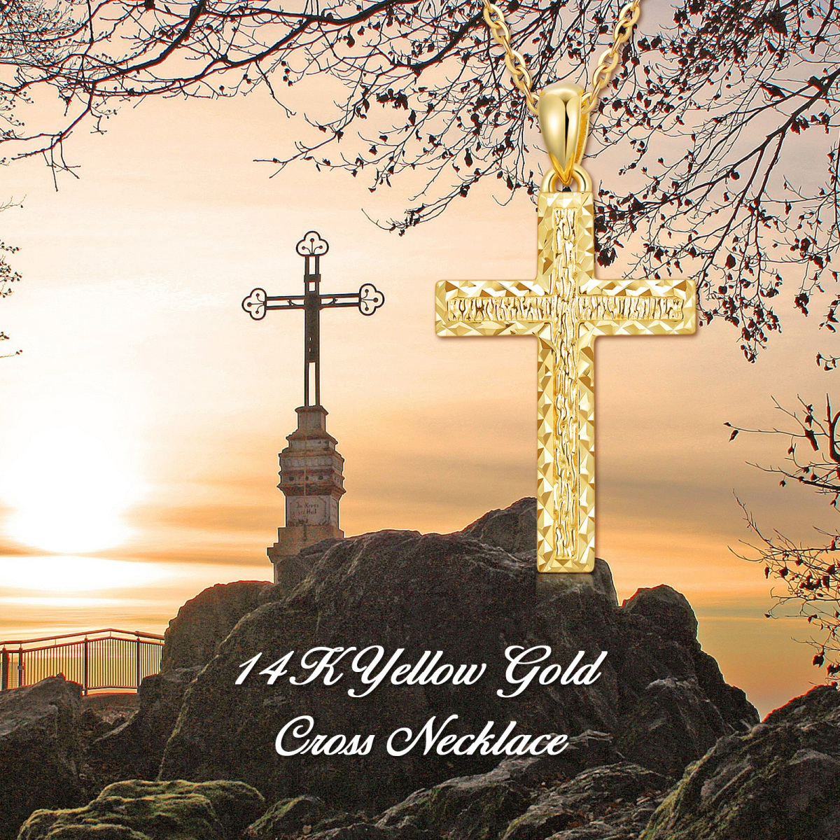 Colar com pingente de cruz em ouro 14K com corte de diamante-5