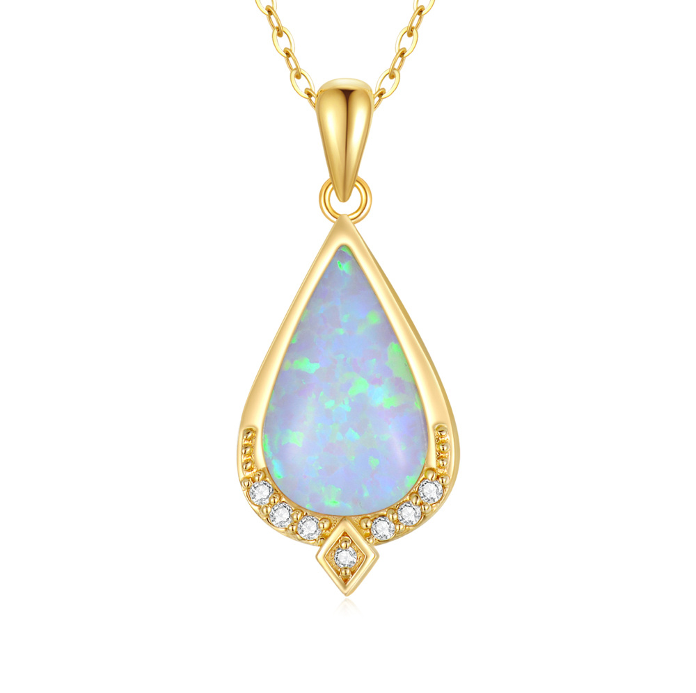 10K Gold Diamond Drop Shape Pendant Necklace with Tear Shaped Opal-1