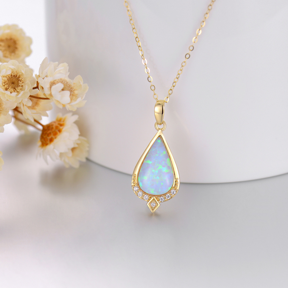 10K Gold Diamond Drop Shape Pendant Necklace with Tear Shaped Opal-3