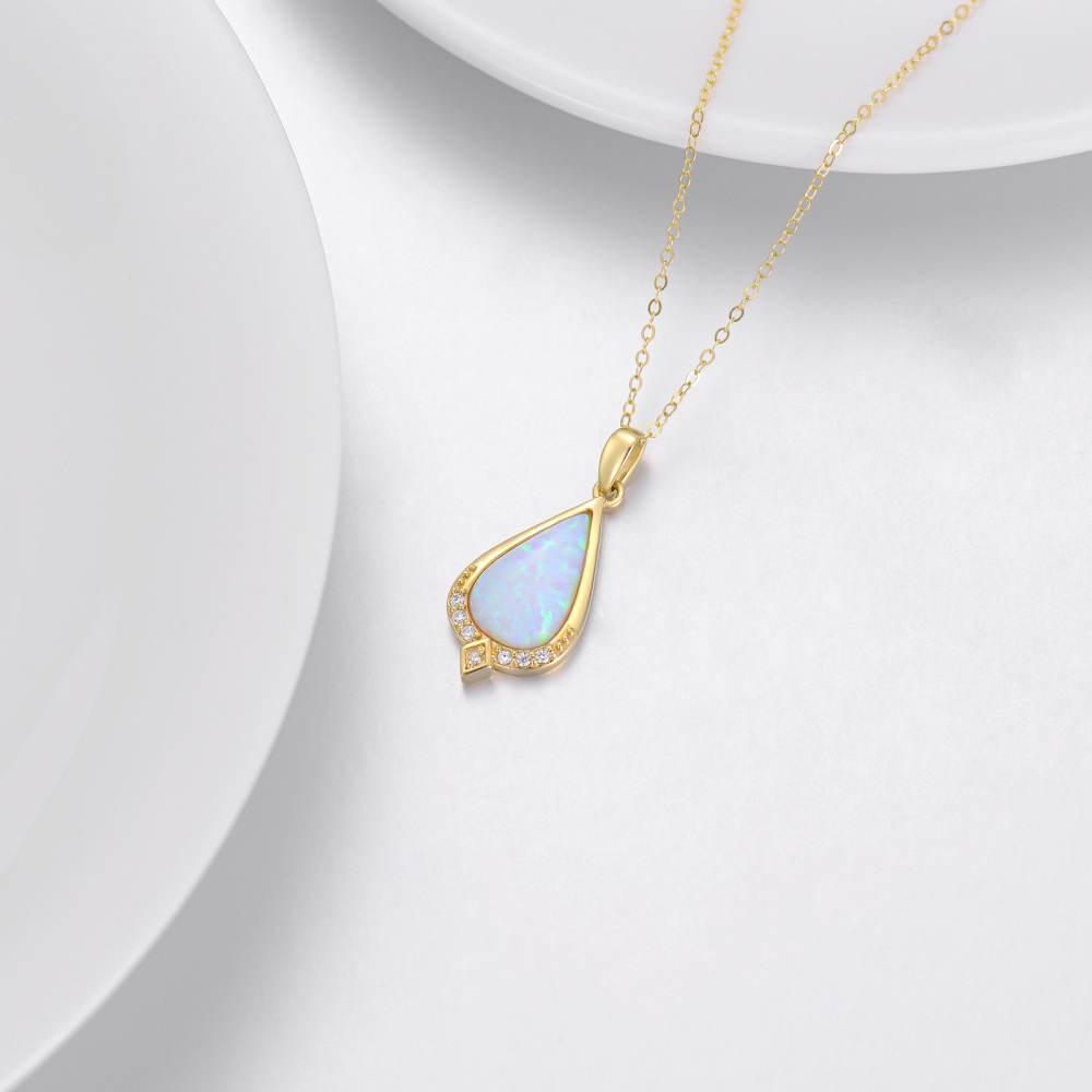 10K Gold Diamond Drop Shape Pendant Necklace with Tear Shaped Opal-4