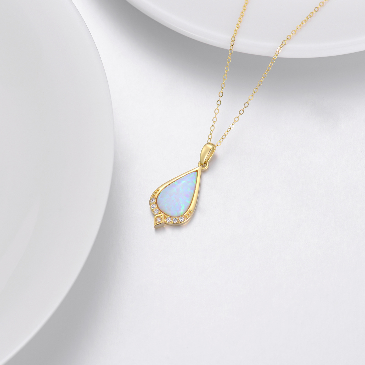 14K Gold Diamond Drop Shape Pendant Necklace with Tear Shaped Opal-4