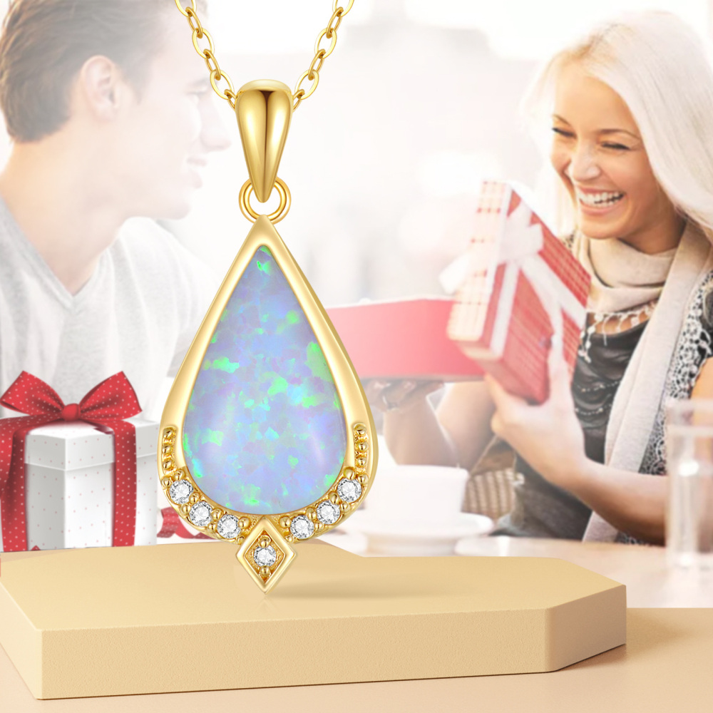 10K Gold Diamond Drop Shape Pendant Necklace with Tear Shaped Opal-5