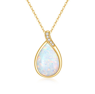 10K Gold Diamond & Drop Shaped Opal Pendant Necklace-52