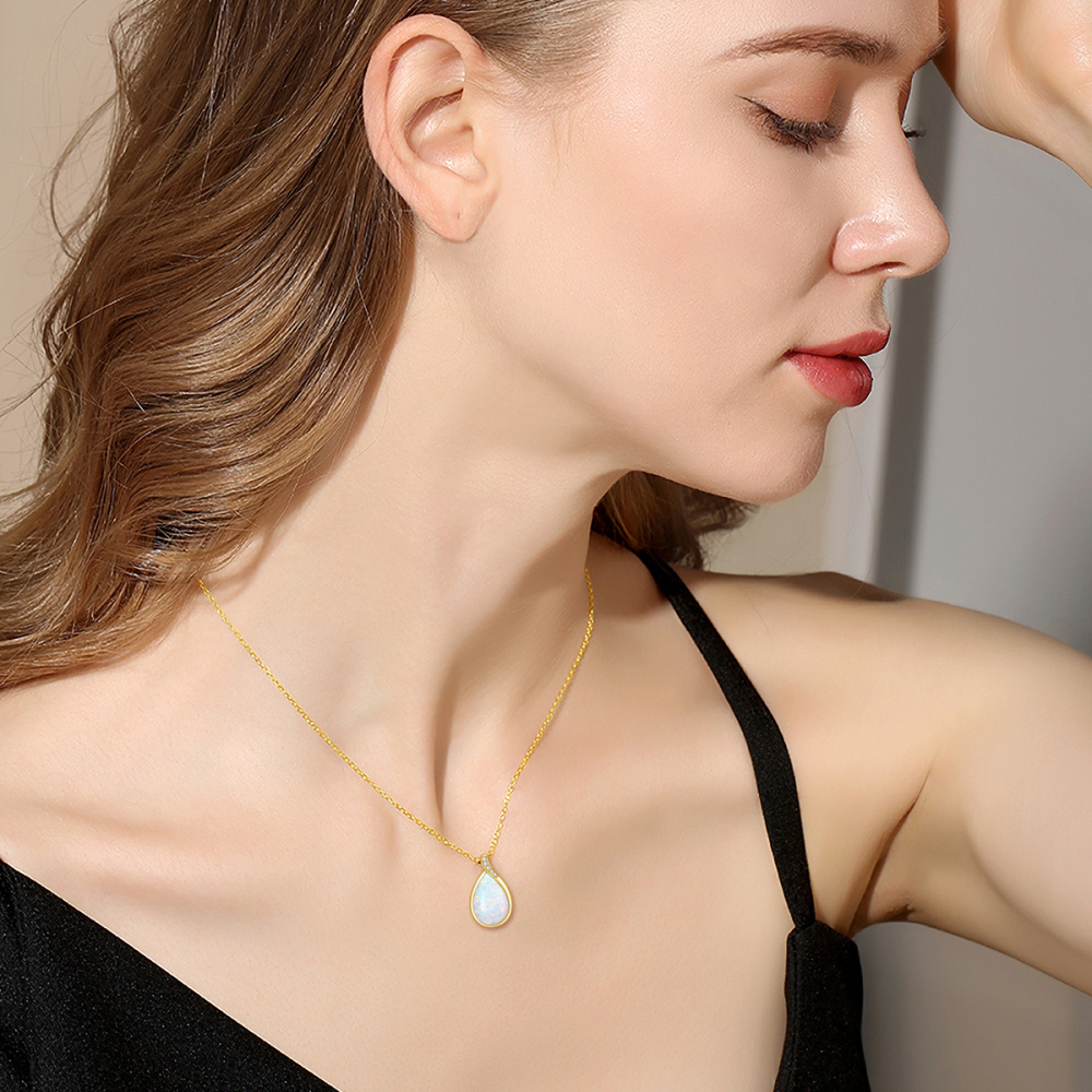 10K Gold Diamond & Drop Shaped Opal Pendant Necklace-2