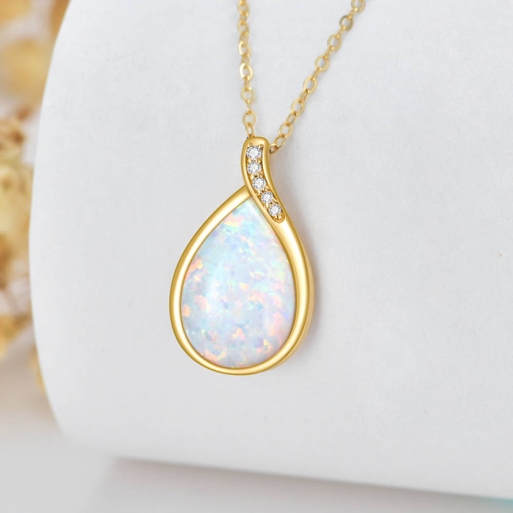 10K Gold Diamond & Drop Shaped Opal Pendant Necklace-3