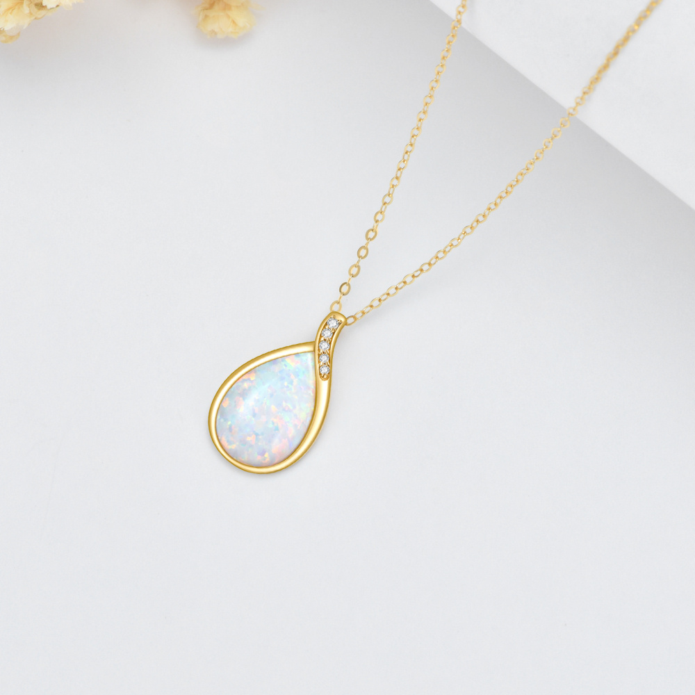 10K Gold Diamond & Drop Shaped Opal Pendant Necklace-4