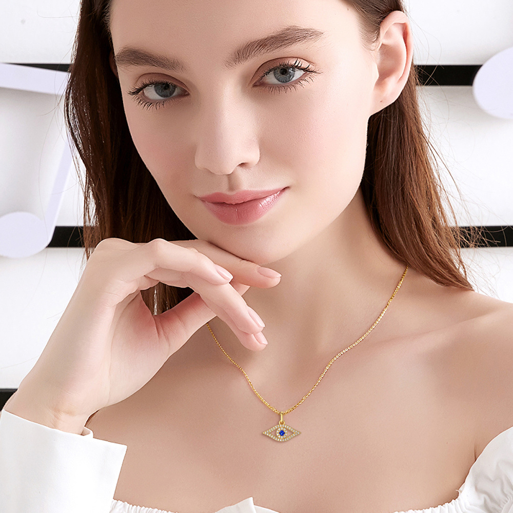 Collar de oro de 14 quilates de circonio cúbico y diamantes colgante de mal de ojo-2