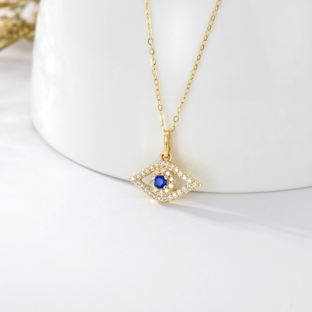 Collar de oro de 14 quilates de circonio cúbico y diamantes colgante de mal de ojo-3