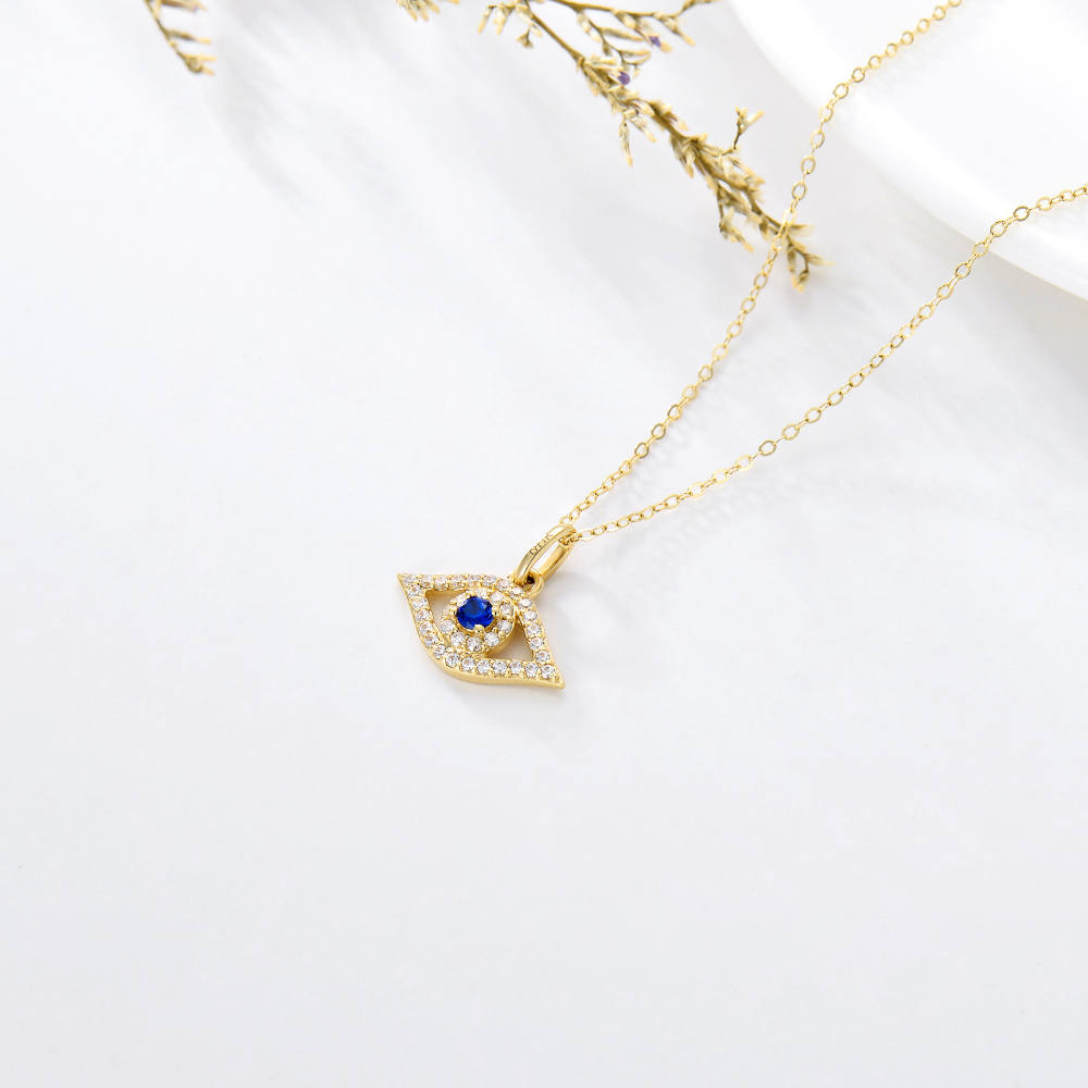 Collar de oro de 14 quilates de circonio cúbico y diamantes colgante de mal de ojo-4