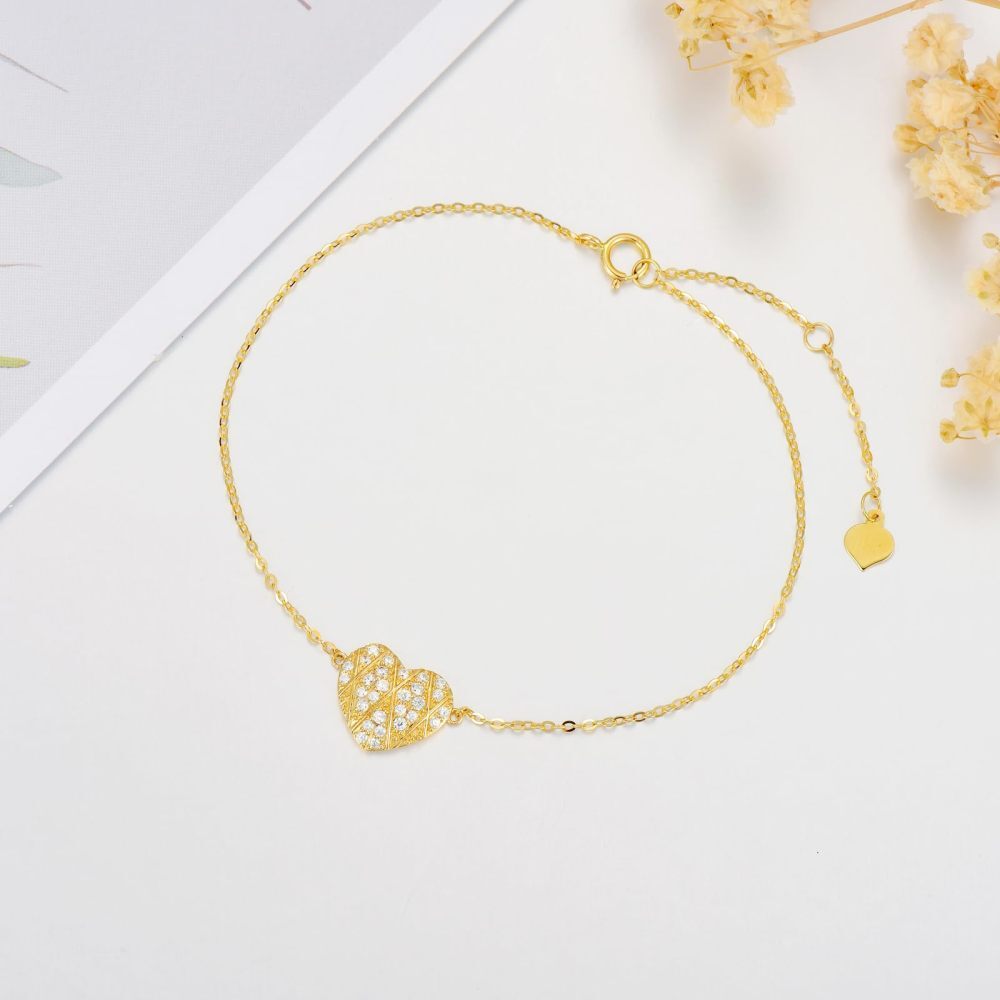 10K Gold Diamond Heart Charm Bracelet-4