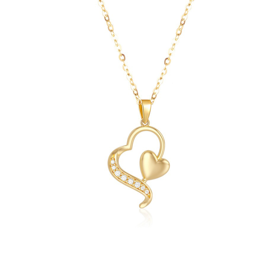 14K Gold Diamond Heart With Heart Pendant Necklace-1