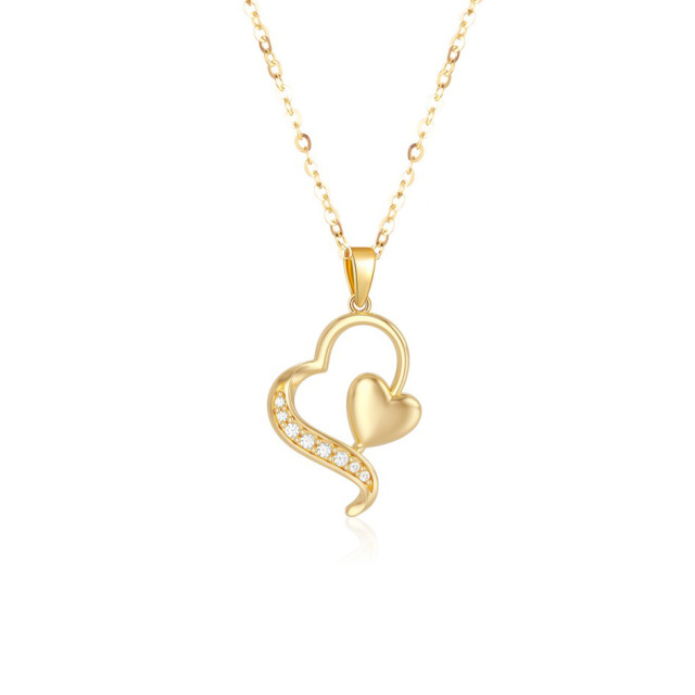 14K Gold Diamond Heart With Heart Pendant Necklace-1