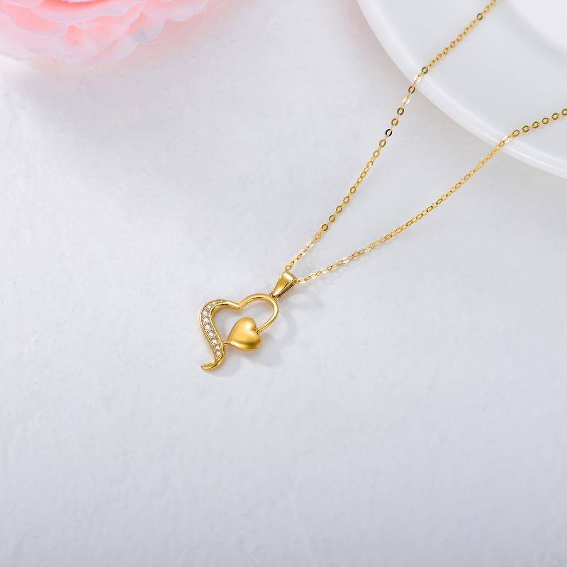 14K Gold Diamond Heart With Heart Pendant Necklace-4