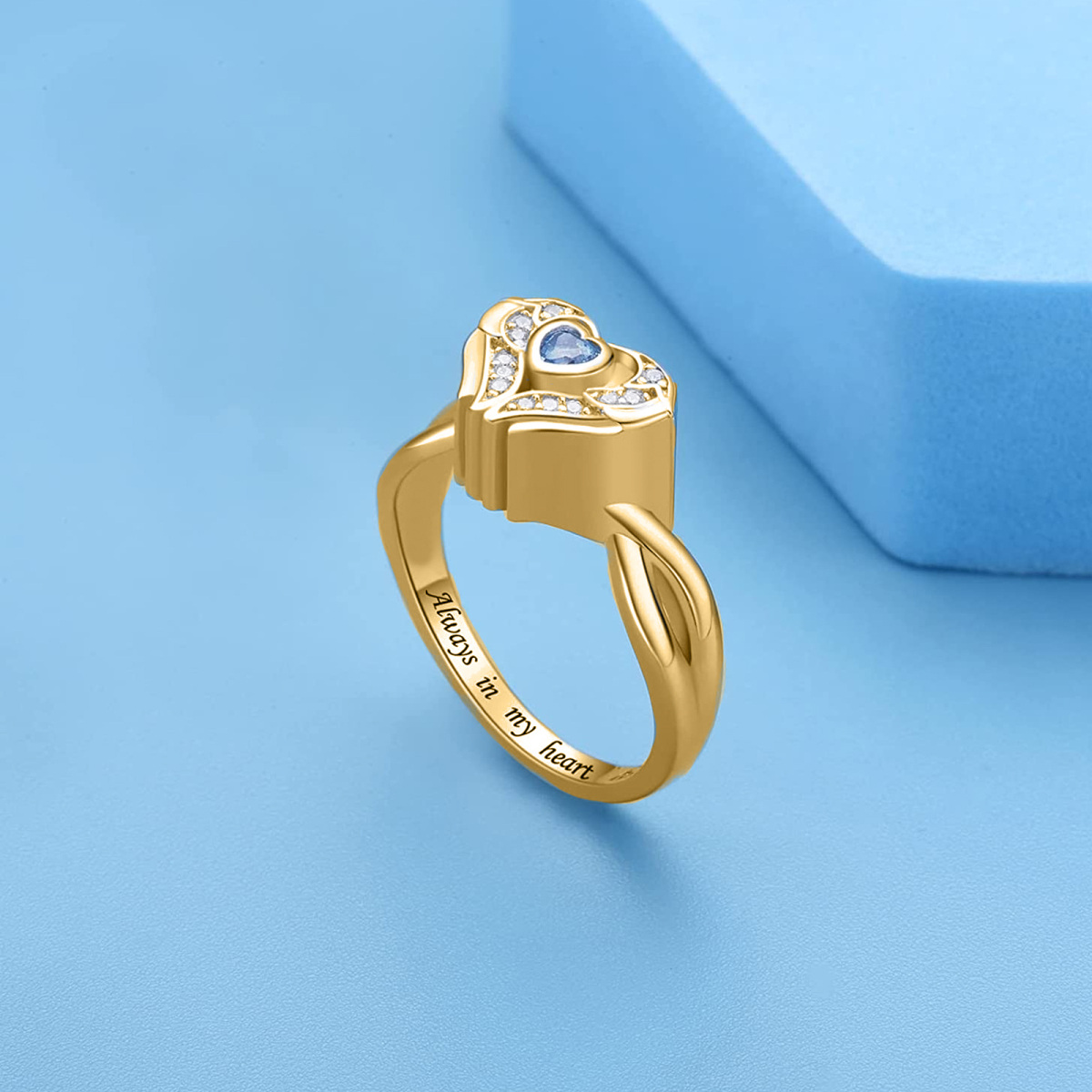 Anillo de urna con forma de corazón de diamantes y circonita cúbica de oro de 14 quilates-3