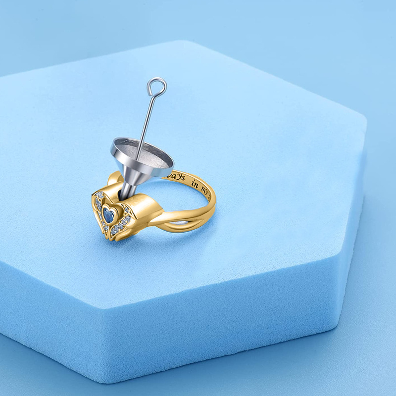 10K Gold Cubic Zirconia Personalized Engraving & Heart Urn Ring for Ashes-5