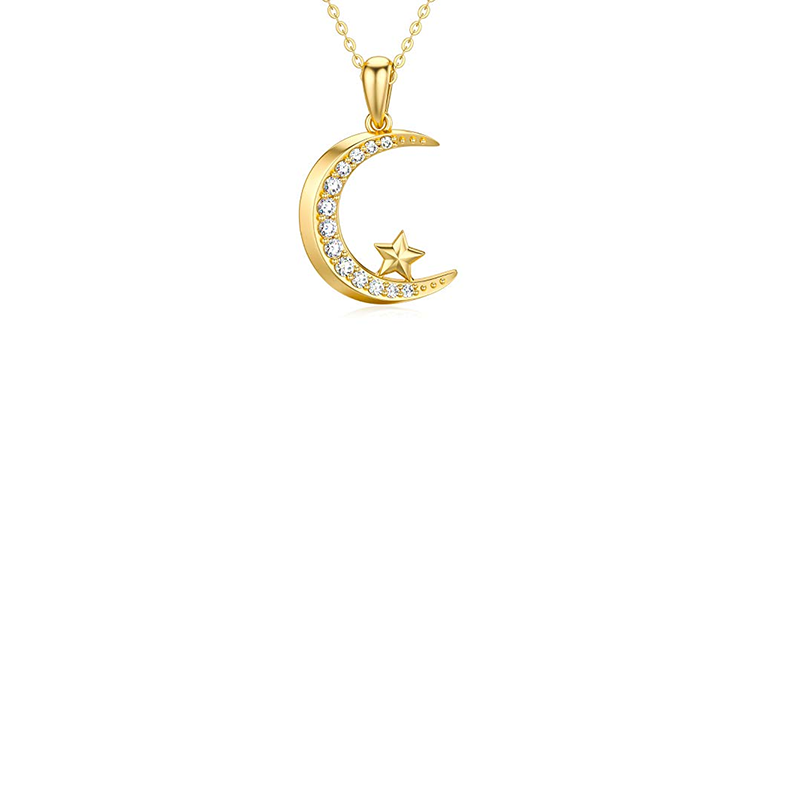 14K Gold Diamond Moon Pendant Necklace-2