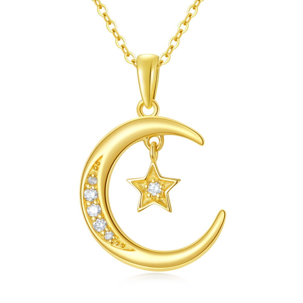 10K Gold Diamond Moon & Star Pendant Necklace-1