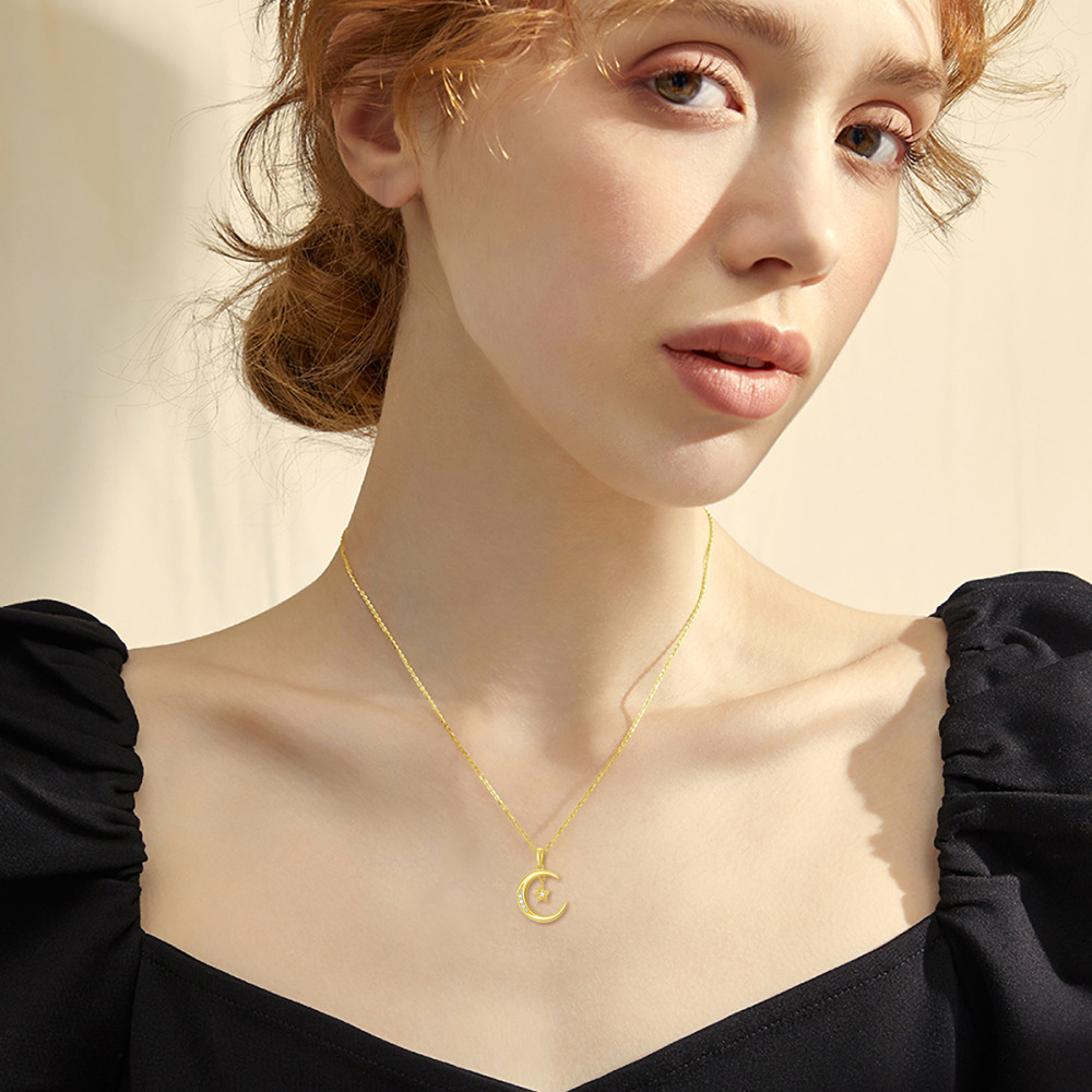 10K Gold Diamond Moon & Star Pendant Necklace-2