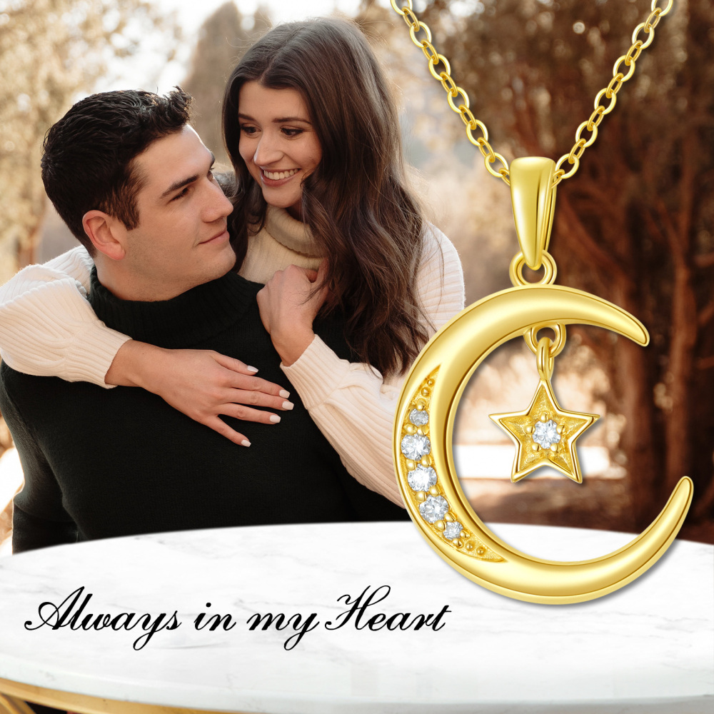10K Gold Diamond Moon & Star Pendant Necklace-3