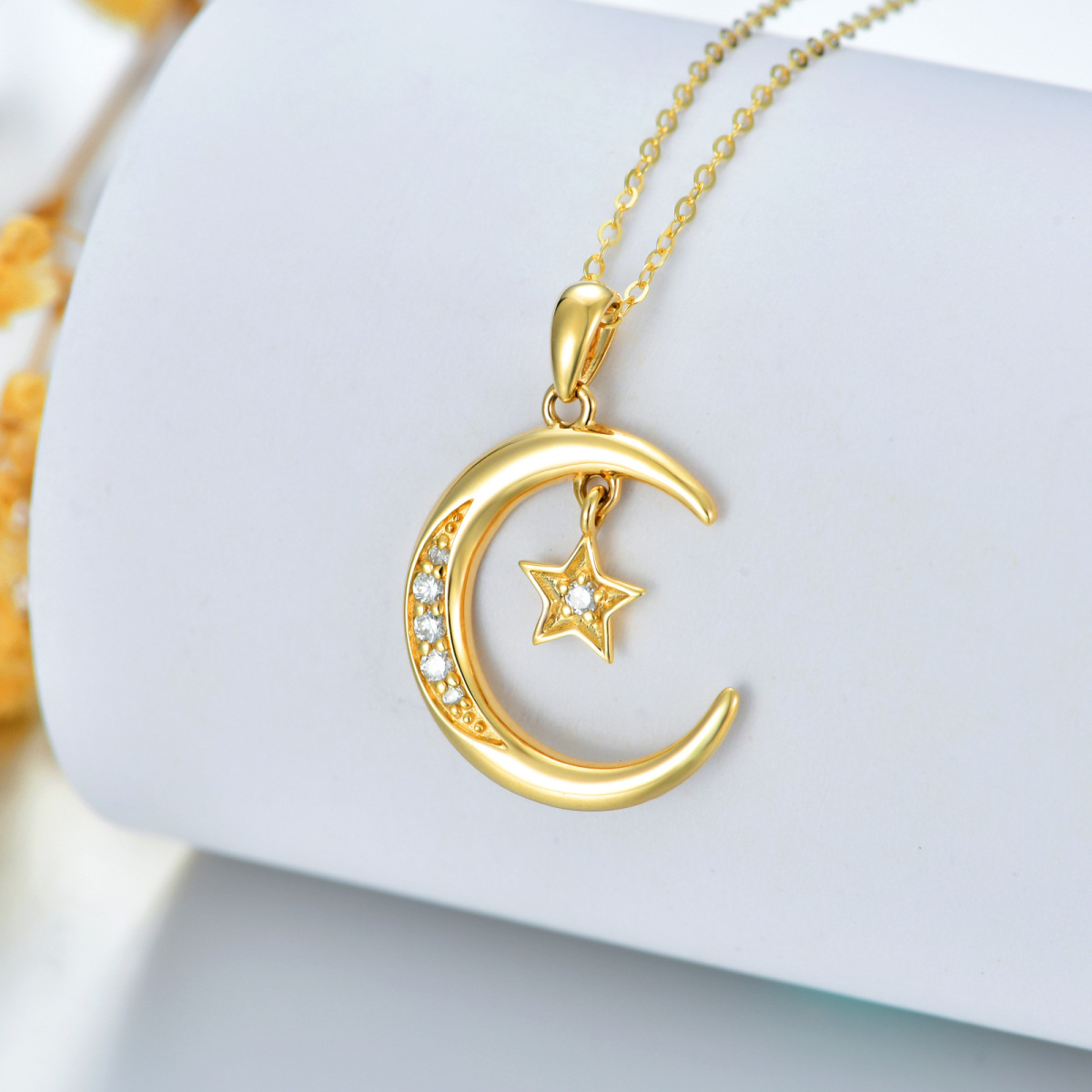 Collier à pendentif lune et étoile en or 14K et diamants-5