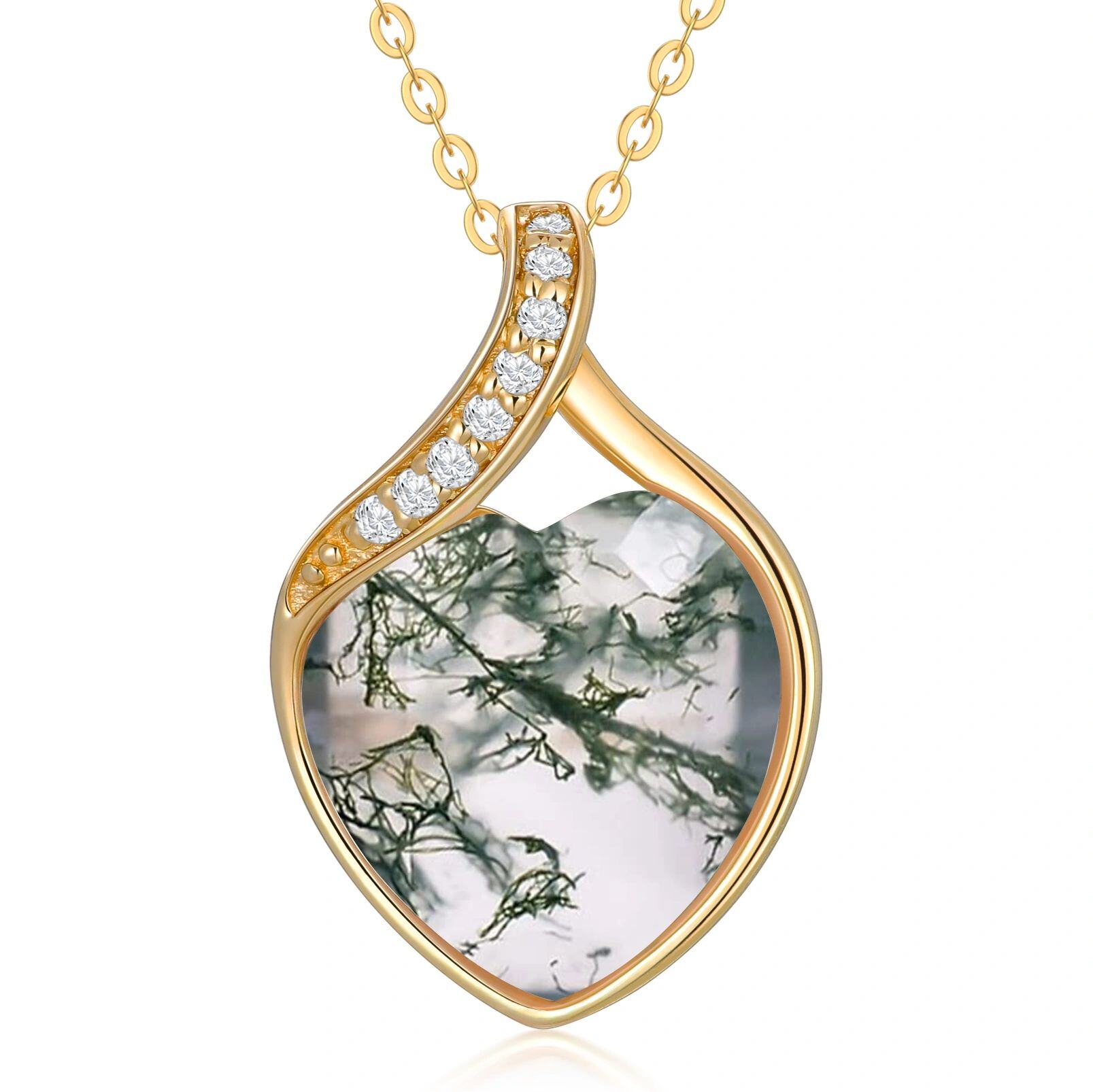 Image of 14K Gold Diamond & Moss Agate Heart Pendant Necklace