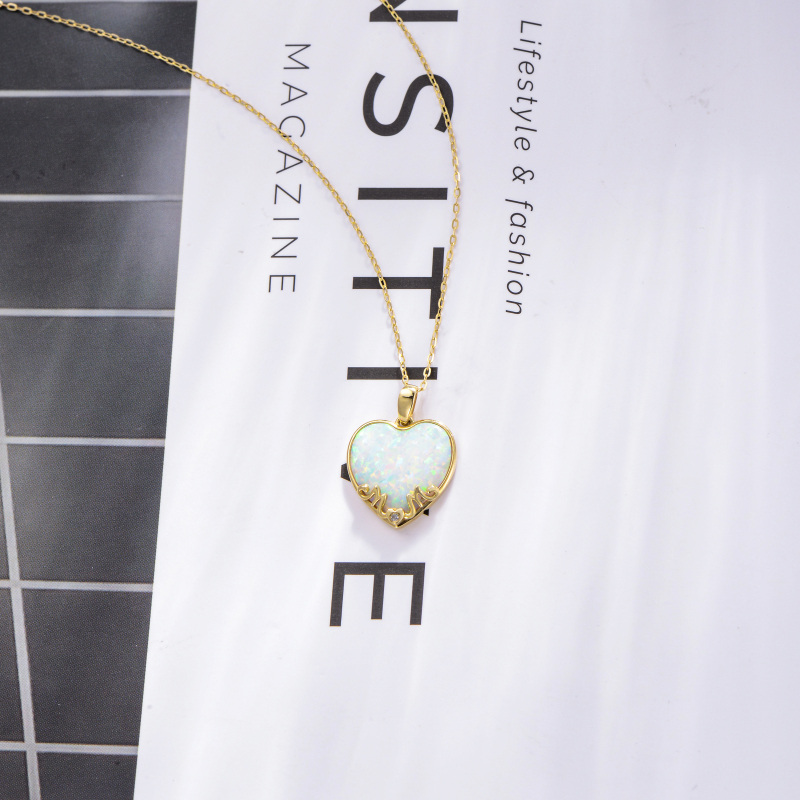 Collar con colgante de corazón de oro blanco de 10 quilates, diamante y ópalo-4