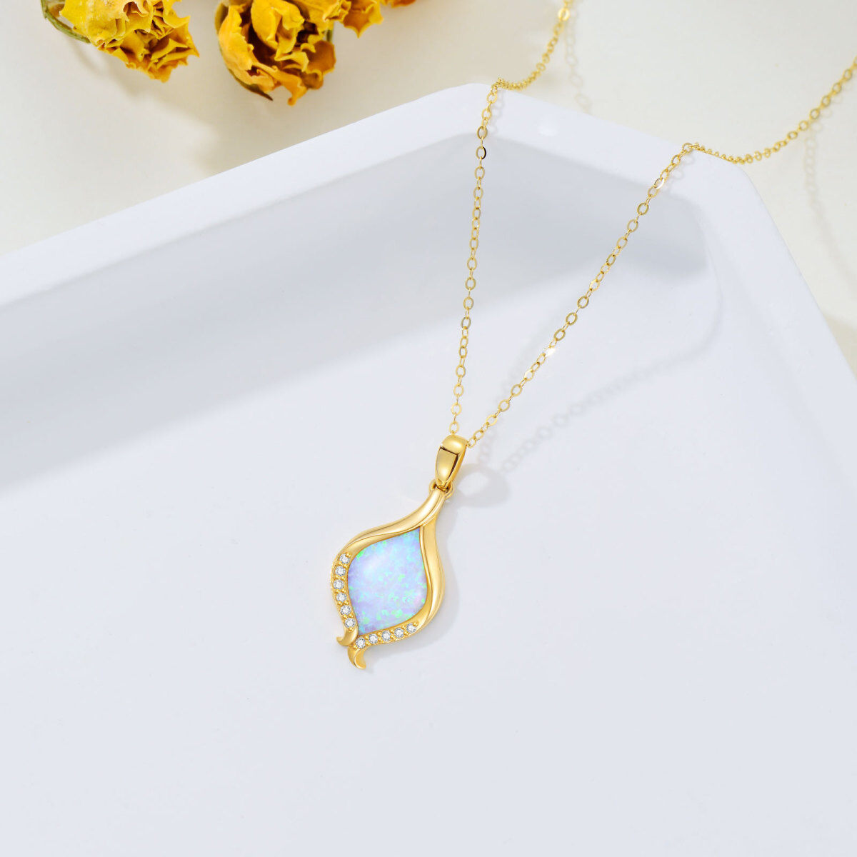 14K Gold Diamond & Opal Pendant Necklace-3