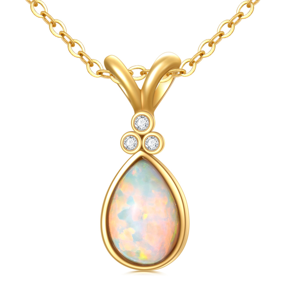 10K Gold Diamond & Orange Opal Drop Shape Pendant Necklace-1