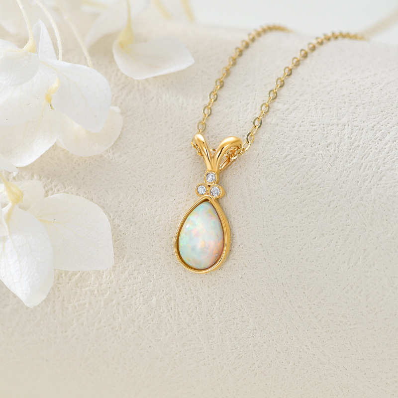 10K Gold Diamond & Orange Opal Drop Shape Pendant Necklace-3