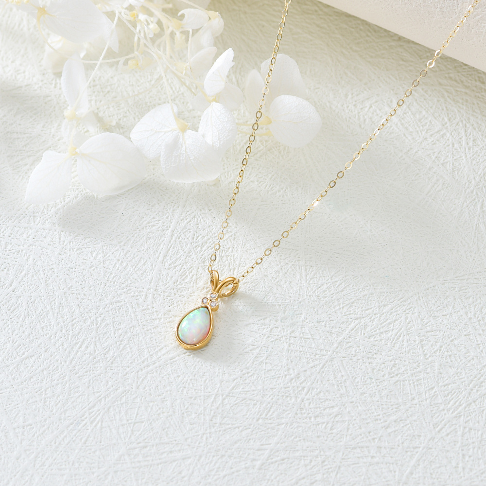 10K Gold Diamond & Orange Opal Drop Shape Pendant Necklace-4