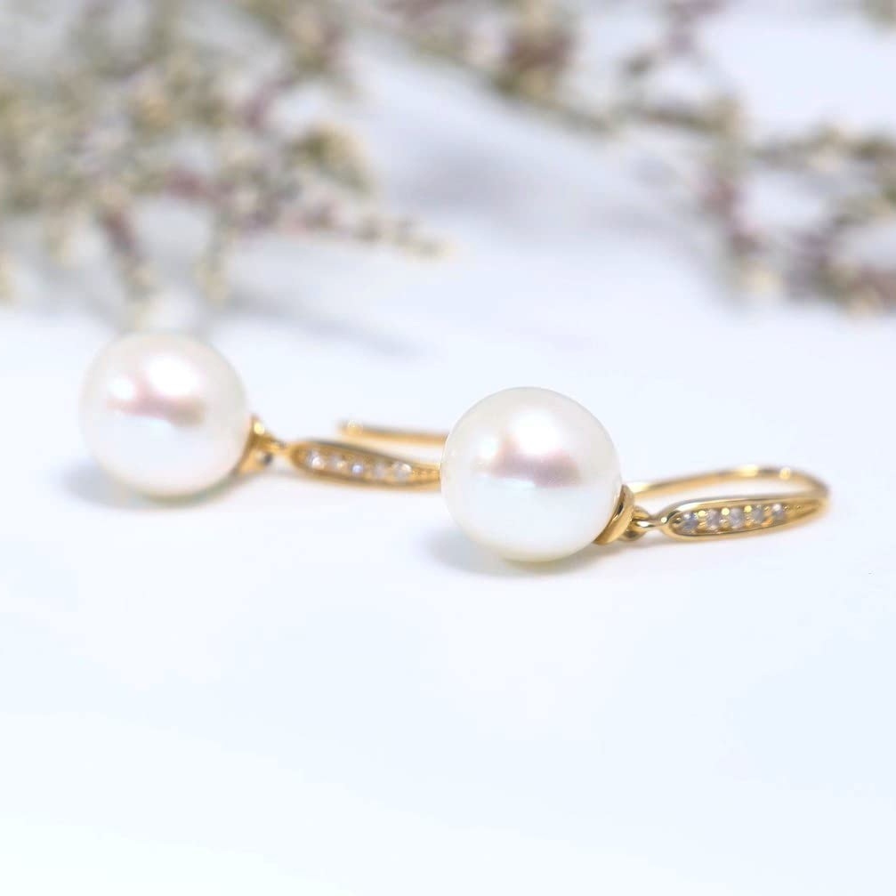 10K Gold Diamond & Pearl Bead Drop Earrings-4