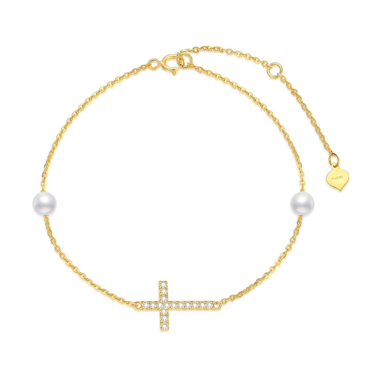 14K Gold Diamond & Pearl Cross Charm Bracelet-1