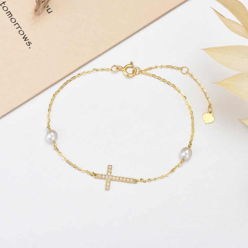 10K Gold Diamond & Pearl Cross Charm Bracelet-4