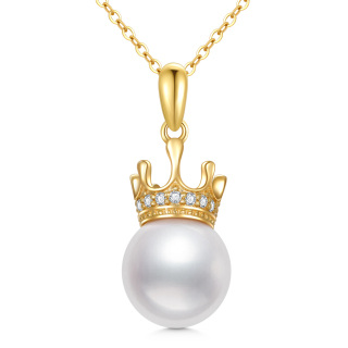 14K Gold Diamond & Pearl Crown Pendant Necklace-1