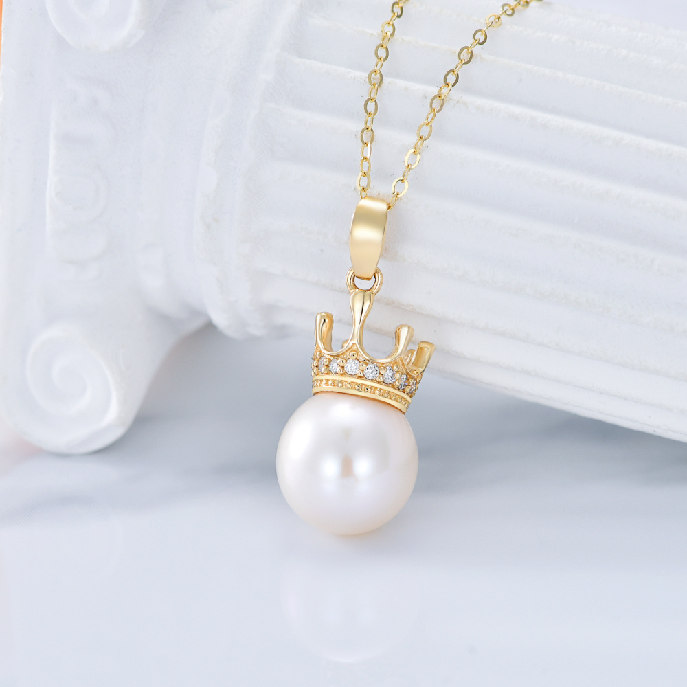 10K gouden diamanten parelkroonhangerketting-3