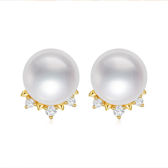 10K Gold Diamond & Pearl Crown Stud Earrings