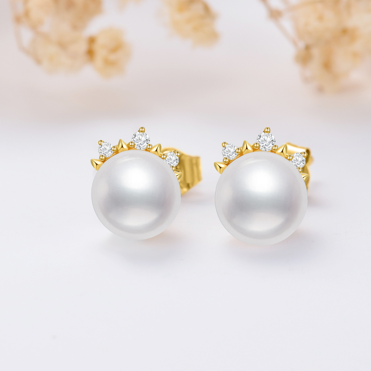 10K Gold Diamond & Pearl Crown Stud Earrings-3