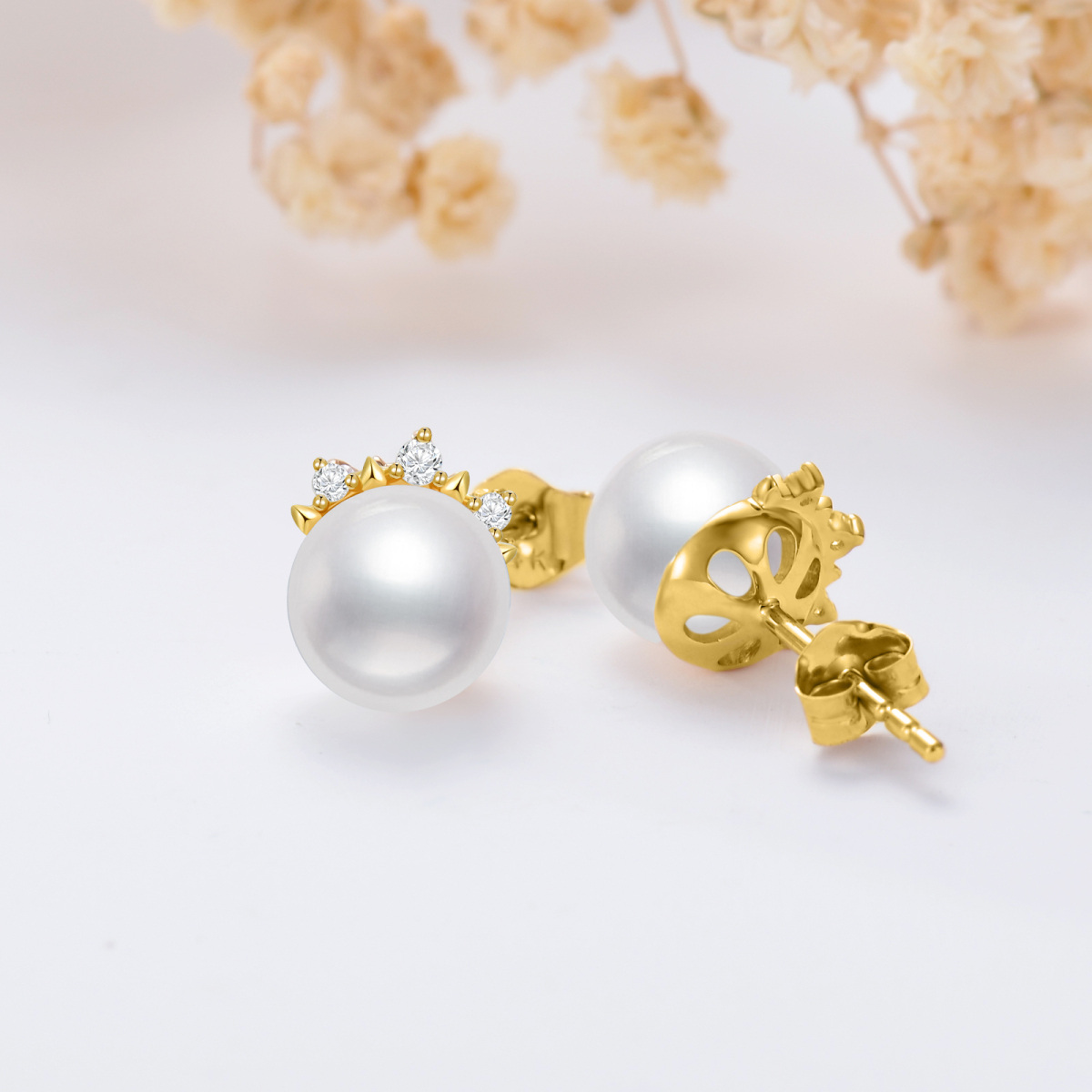 10K Gold Diamond & Pearl Crown Stud Earrings-4