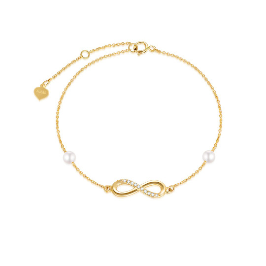 Pulseira com pingente de símbolo infinito de diamante e pérola em ouro 14K