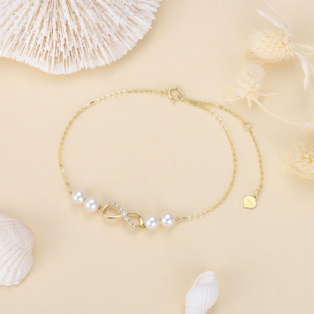 10 Karat Gold Diamant Perle Unendlichkeitssymbol Charm Armband-3