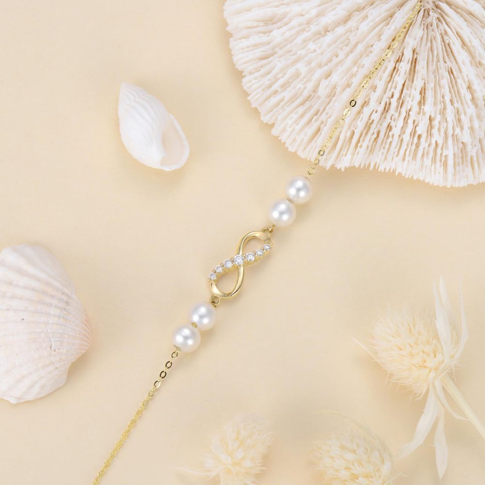 10 Karat Gold Diamant Perle Unendlichkeitssymbol Charm Armband-4