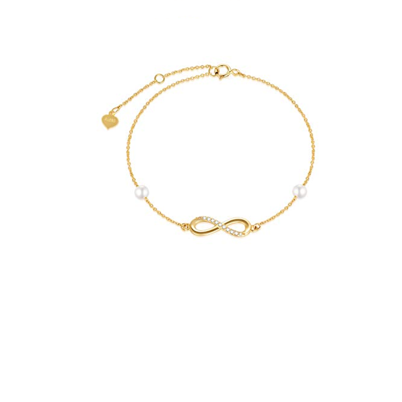 10K Gold Diamond Pearl Infinity Symbol Single Chain Anklet-1