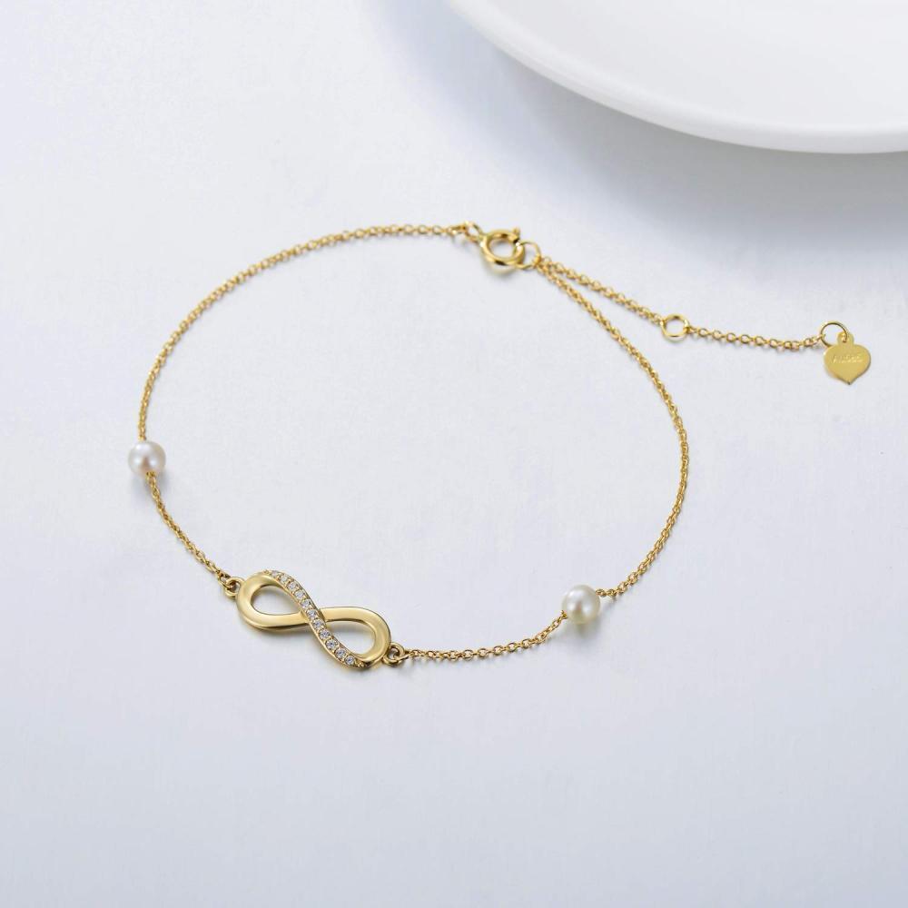 Tobillera con dije de una sola capa con símbolo del infinito y perla y diamantes en oro de 10 quilates-4