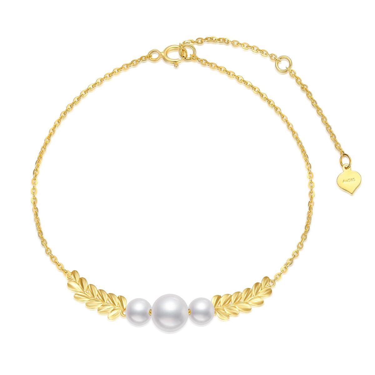 Pulsera Colgante de Oro 14K Diamantes y Perlas Hojas-1