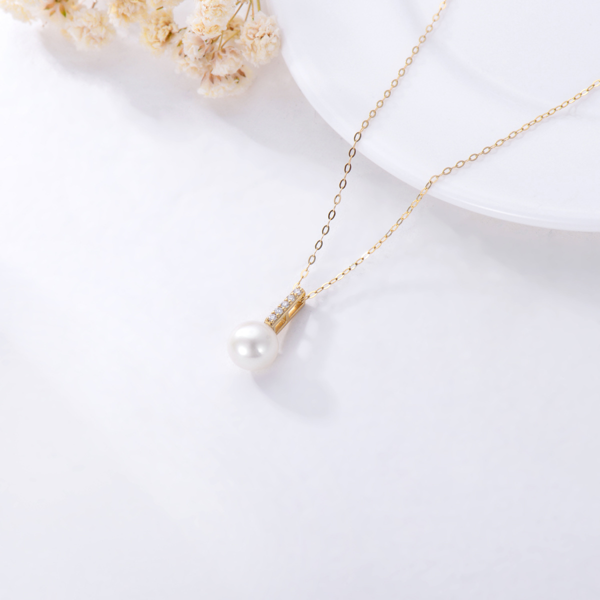 14K Gold Diamond & Pearl Pendant Necklace-4